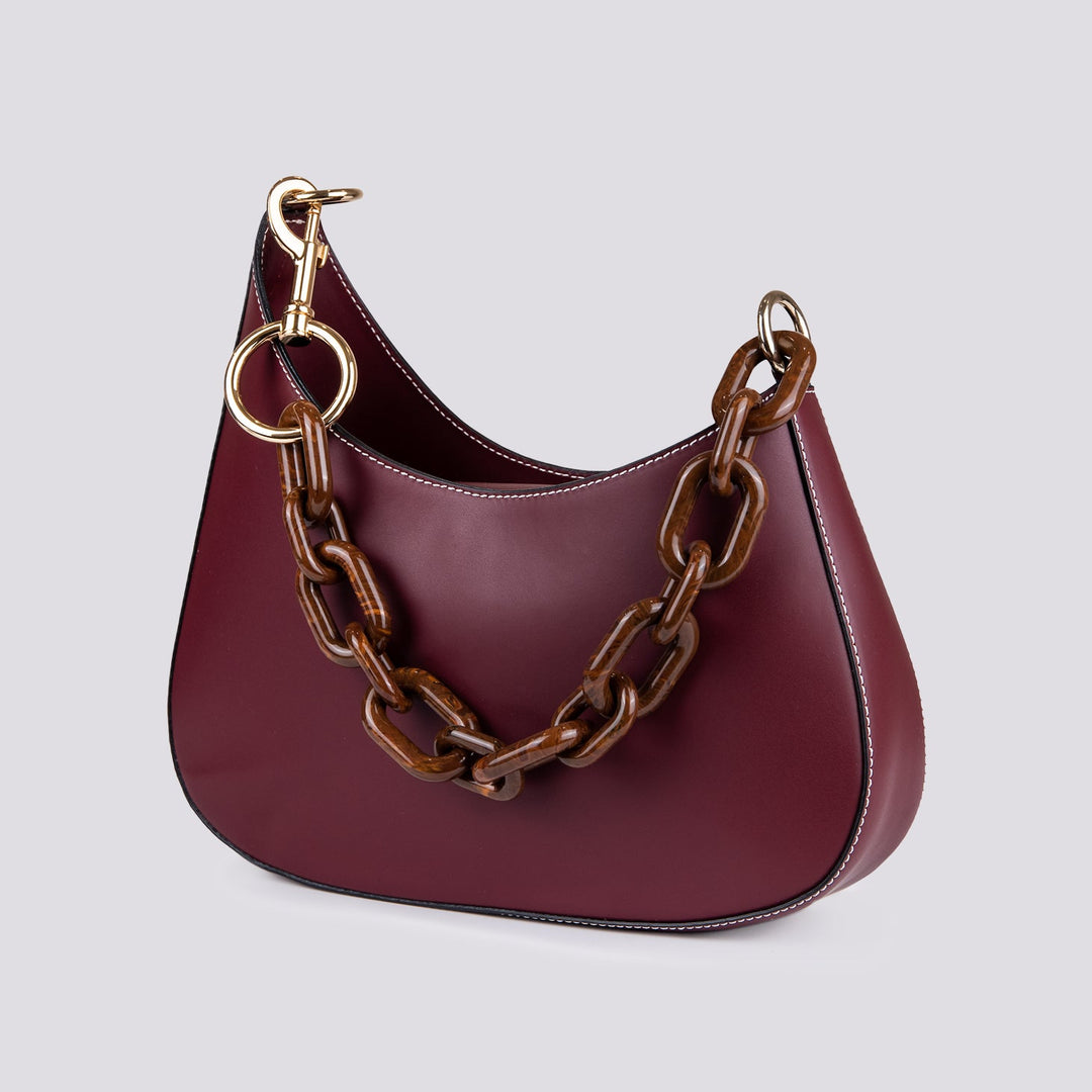 BORSA IN PELLE bordeaux CON TRACOLLA IN OSSO "CURVY" - BORSA A SPALLA - Andrea Morando Boutique - 