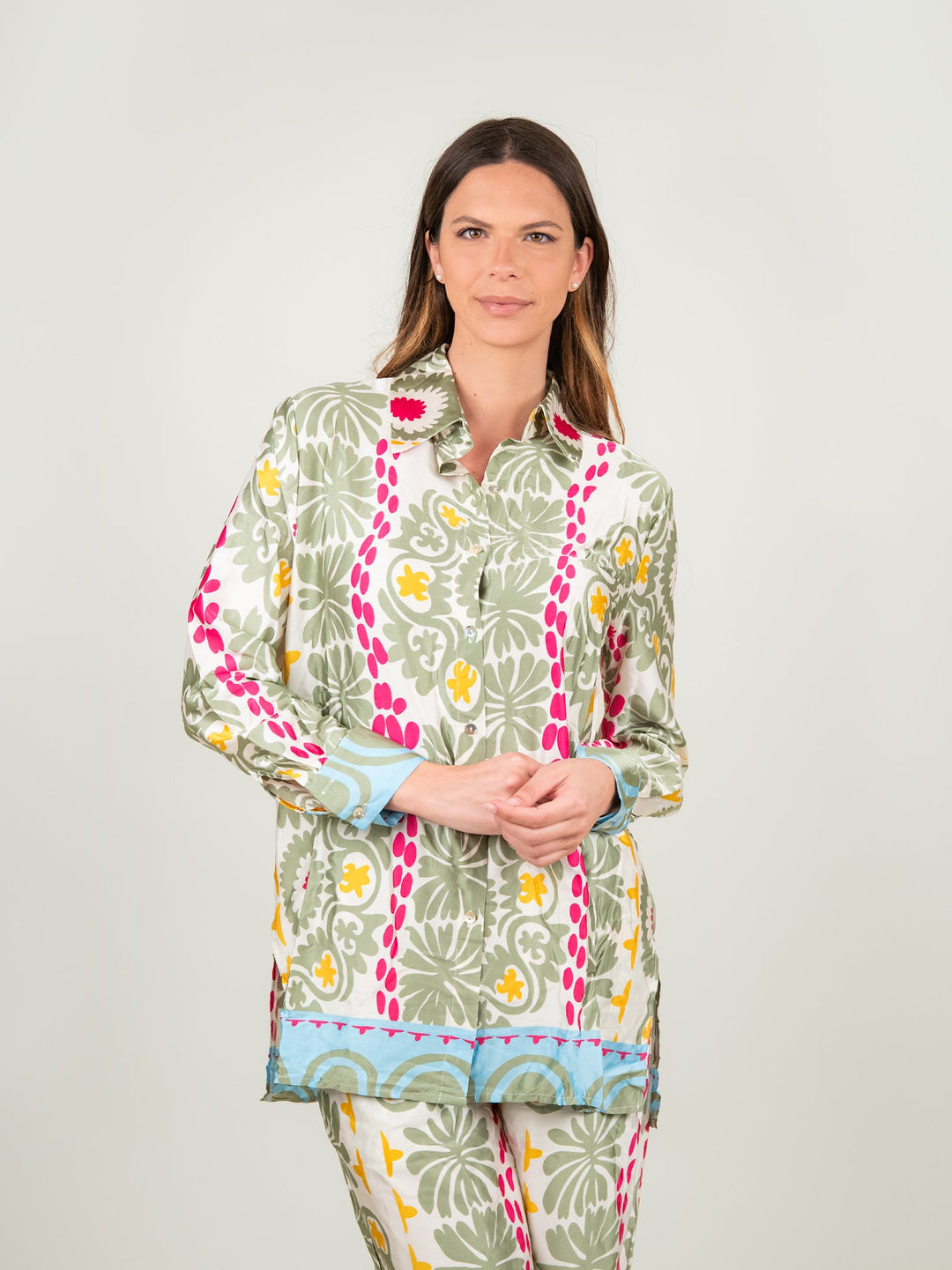 CAMICIA CAFTANO FANTASIA SALVIA, GIALLO E ROSA - CAMICIA DONNA - Andrea Morando Boutique - 