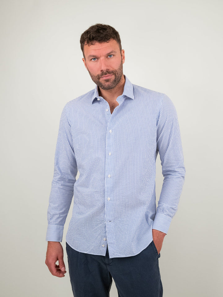 CAMICIA SEERSUCKER A RIGHE CELESTE SCURO - CAMICIA UOMO - Andrea Morando Boutique - 